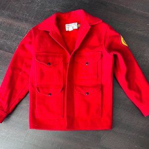 FILSON Mackinaw Jacket Coat Christmas Red Virgin Wool Vintage USA 38 Fire Dept
